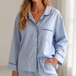 Pajamas Azul Claro Top Cotton Abotonado Camisa para Dormir Preppy Pequeña