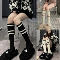 Fashion Womens Vintage Striped Print Long Socks Harajuku College Style Ladies Girls Ribbed Knitting Calf Length Stocking