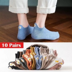 10 Pairs Women'S Embroidered Daisy Ankle Socks - Soft, Comfortable & Elegant for Casual Wear, Cute Socks, Spring Fashion, Decorative Socks,