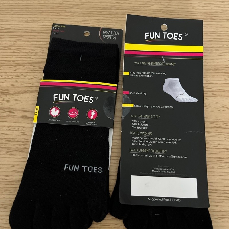 FUN TOES 2 Pairs Men's Cotton Toe Socks Dries Quickly size sock 9-11 Shoe 4-11
