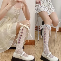 Lolita Socks Vintage Lace Socks for w/ Bow-knot Hollow out Mesh Long Socks for W