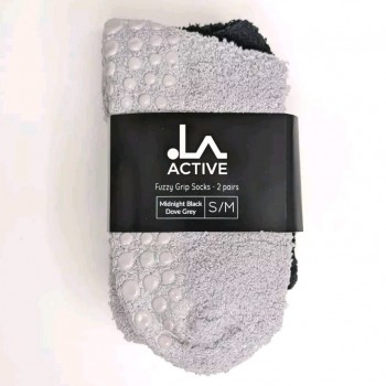 Women's Warm Fuzzy Grip Socks - LA Active - 2 Pairs Black/Grey - Non-Slip UK 4-8