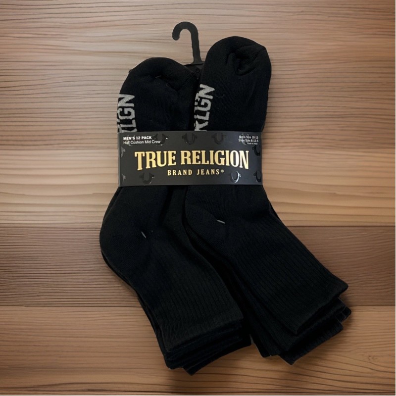 True religion- 12 pack half cushion mid crew socks black for shoe sizes 8-12.5