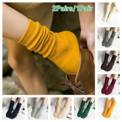 1Pair/2Pairs/ Winter High Socks School Girls High Socks Loose Solid Colors Double Needles Knitting Cotton Long Socks