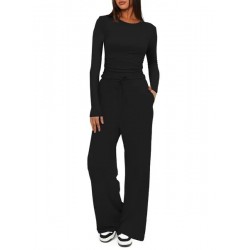 Women's Sports Set Top High Waist Wide Leg Pants Solid Color Casual Long Sleeve Set Sportswear