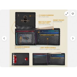 RUNBOX Wallet for Men Slim Rfid Leather 2 ID Window Carbon Black-15 slots