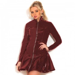 Plus Size High Quality Long Sleeve A-line PVC Dress Women Full Zipper Skater Dress Glossy Stand Collar Party Dress