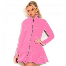 Plus Size High Quality Long Sleeve A-line PVC Dress Women Full Zipper Skater Dress Glossy Stand Collar Party Dress