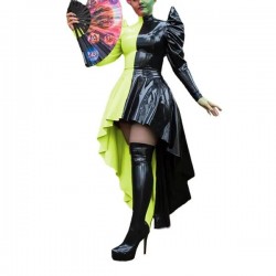 Punk Front Short and Back Long Flared Dress Female Long Sleeve A-line Dress Club Glossy PVC Leather Gothic Witch Queen Dress