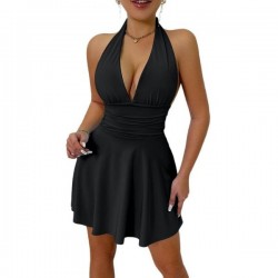 Women Halter Dress V Neck Backless Mini Dress Sleeveless Tight Short Summer Party Club Outfit