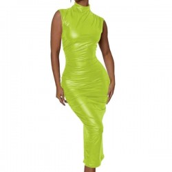 Plus Size Women Hip Wrap Dresses Glossy PVC Leather Mock Neck Solid Color Bodycon Dress Revelry Sleeveless Party Dresses 8XL