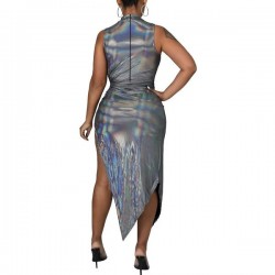 Sleeveless Holographic Laser Slim Bodycon Dress Women High Slit Shiny Club Girl Hip Wrap Dress Evening Cocktail Gown