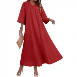 Women's Cotton Linen Maxi Dress, Casual , Loose Fit, V-Neck, 3/4 Sleeve, Side Slit, Flared, Long Linen Dress