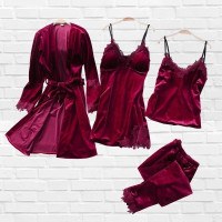 Women's Velvet Nightgowns Pyjamas 4 PCS PJ Set Fashion Pyjamas Set Camisole Pajamas NightGowns Pj Suits