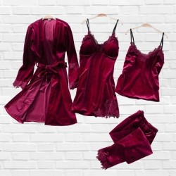 Women's Velvet Nightgowns Pyjamas 4 PCS PJ Set Fashion Pyjamas Set Camisole Pajamas NightGowns Pj Suits