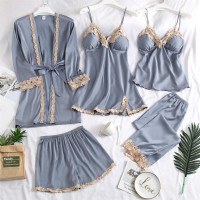 Polyster Pajamas Set for Women, Satin Silky Comfortable Pjs of 5 Pieces One Set Breathable Soft Pjs