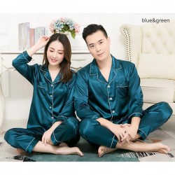 Couple Pajamas Women's Imitation Silk Pajamas Men's Long Sleeve Set Ice Silk Large Size Loungewear