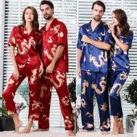 Fashion Men and Women Short Sleeve Silk Pajamas Highly Privileged Dragon Design Two-piece Sleepwear Satin Pajamas Set ()