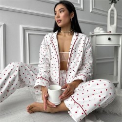 Lapel Button Up Long Sleeve Shirt Pant Cute Heart Print Pajamas for Womens
