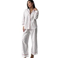 Lapel Button Up Long Sleeve Shirt Pant Cute Heart Print Pajamas for Womens