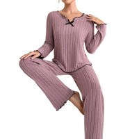 Womens Pajama Set Ribbed Long Sleeve Pajamas Tops and Long Pants Loungewear