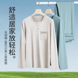 Men's Modal Cotton Long Sleeve Pajama Set, Anti-Mite, Lightweight Loungewear with Pockets