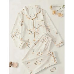 Floral Print Pajamas Set, Long Sleeve Buttons Top & Elastic Waistband Pants, Women's Sleepwear & Loungewear
