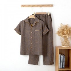 Vintage Jacquette Short Sleeve Pajama Set for Men - 100% Cotton Double Gauze Loungewear