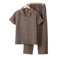 Vintage Jacquette Short Sleeve Pajama Set for Men - 100% Cotton Double Gauze Loungewear
