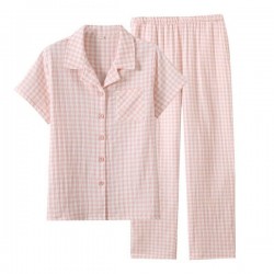 Breathable Cotton Plaid Pajama Set for Couples Lightweight Summer Sleepwear