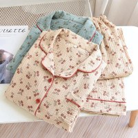 Vintage Floral Pajama Set: Soft Double-Layer Cotton Sleepwear with Long Sleeves