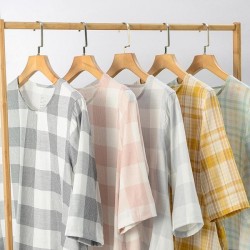 Soft Double Gauze Cotton Pajama Set, Plaid Print Women's Loungewear, Comfortable 3/4 Sleeve Sleepwear