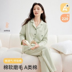 Cozy Fleece-Lined Cotton Pajama Set for Women – Warm Winter Sleepwear & Loungewear
