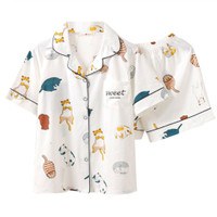 Women Summer Cotton Pajamas Set Kawaii Meow for Cat Short Sleeve Sleepwear Night
