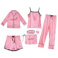 Women 7 Pieces Silky Pajamas Set Pink Striped Print Long Sleeve Shirt Camisole Shorts Pants Sleepwear Home Loungewear