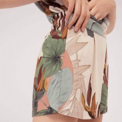 Womens Summer 2 Piece Pajamas Set Short Sleeve Lapel Buttons V-Neck Loose Tops Mid Rise Pants Colorful for Palm Leaves Printed Lounge Sleepwear