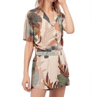 Womens Summer 2 Piece Pajamas Set Short Sleeve Lapel Buttons V-Neck Loose Tops Mid Rise Pants Colorful for Palm Leaves Printed Lounge Sleepwear