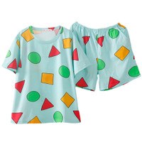 Women 2pcs Geometry Print Pajamas Set Short Sleeve O-Neck Pullover Sleepwear