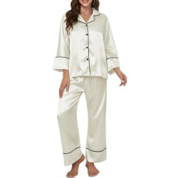 Silk Satins Pajamas Women,Long Sleeve Silk Pj Set,2Pieces Button Down Sleepwear