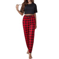 Women's Pajama Set Short Sleeve PJ 2 Pieces Outfits Pullover Sleepwear Top and Long Pants Plaids Loungewear Sleepwear