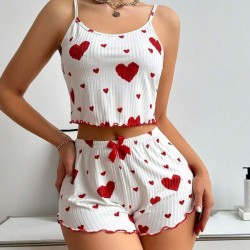 Cute Heart Print Women's Cami Top Shorts Sleepwear Pajama Set for Summer Nights