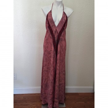 100 Silk Maxi Dress Pink Floral Paisley Halter Boho India