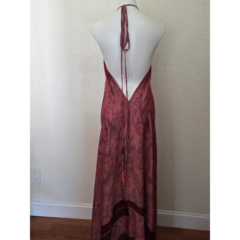 100 Silk Maxi Dress Pink Floral Paisley Halter Boho India