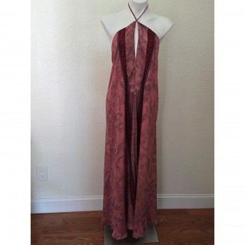 100 Silk Maxi Dress Pink Floral Paisley Halter Boho India