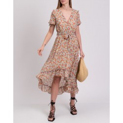 Crepe Asymmetric Dress Floral Lined Waist Tie Made in Italy