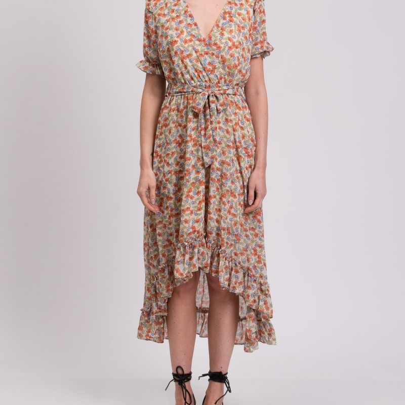 Crepe Asymmetric Dress Floral Lined Waist Tie Made in Italy