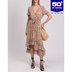 Crepe Asymmetric Dress Floral Lined Waist Tie Made in Italy