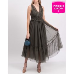Tulle Midi Dress Gathered V-Neck Sleeveless Made in Italy