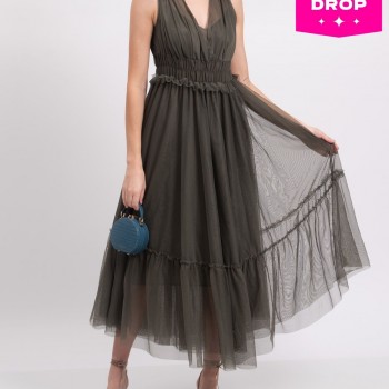 Tulle Midi Dress Gathered V-Neck Sleeveless Made in Italy