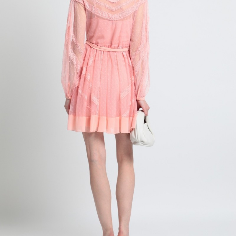 RRP 327 Trapeze Mini Dress IT38 US UK6 XXS Pink Lace Belted Inner Slip